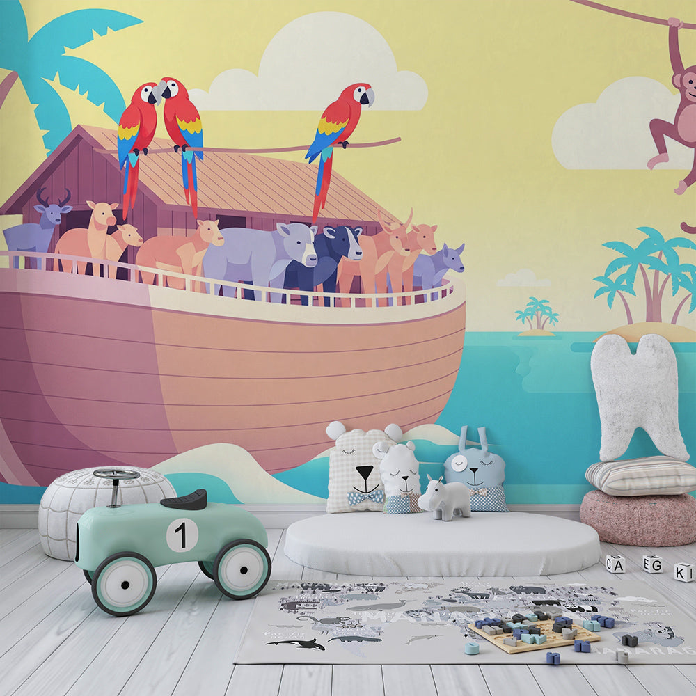 Kids-Mundo boat and animal wall mural bringing an ocean voyage to a colourful playroom.