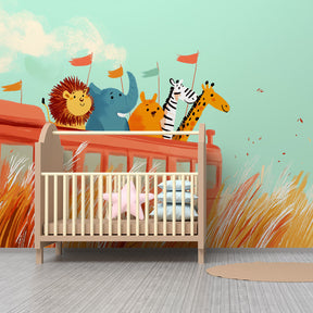 Safari animal train mural wallpaper creating magical kids bedroom decor atmosphere