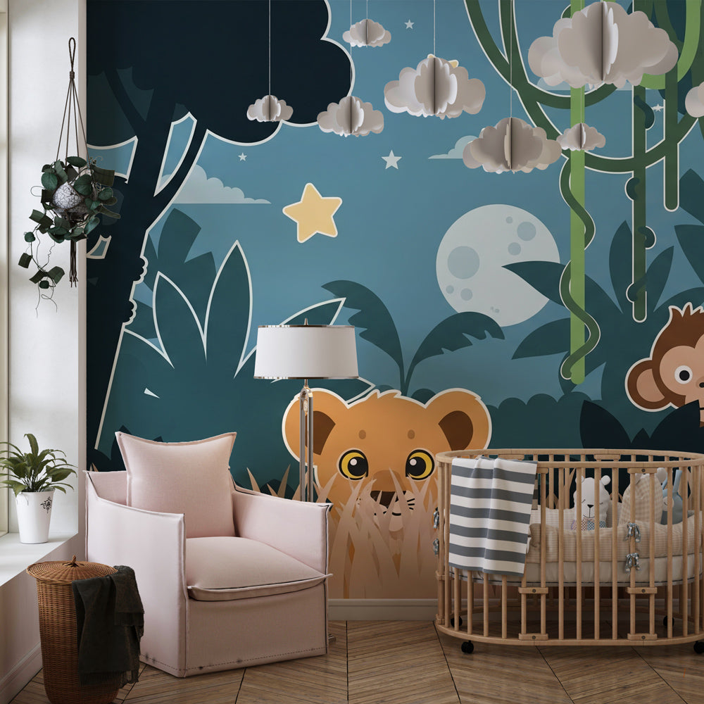 Moonlit jungle wallpaper featuring lion cub and koala in cozy children's bedroom decor