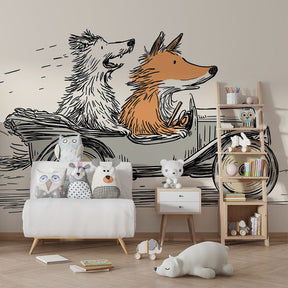 Dog and fox road trip mural wallpaper creating playful atmosphere in children's bedroom interior