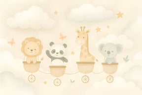 Detailed animal adventure mural wallpaper design pattern with clouds and stars by Kids-Mundo