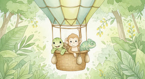 Detailed animal safari hot air balloon mural wallpaper design pattern featuring monkey turtle chameleon by Kids-Mundo