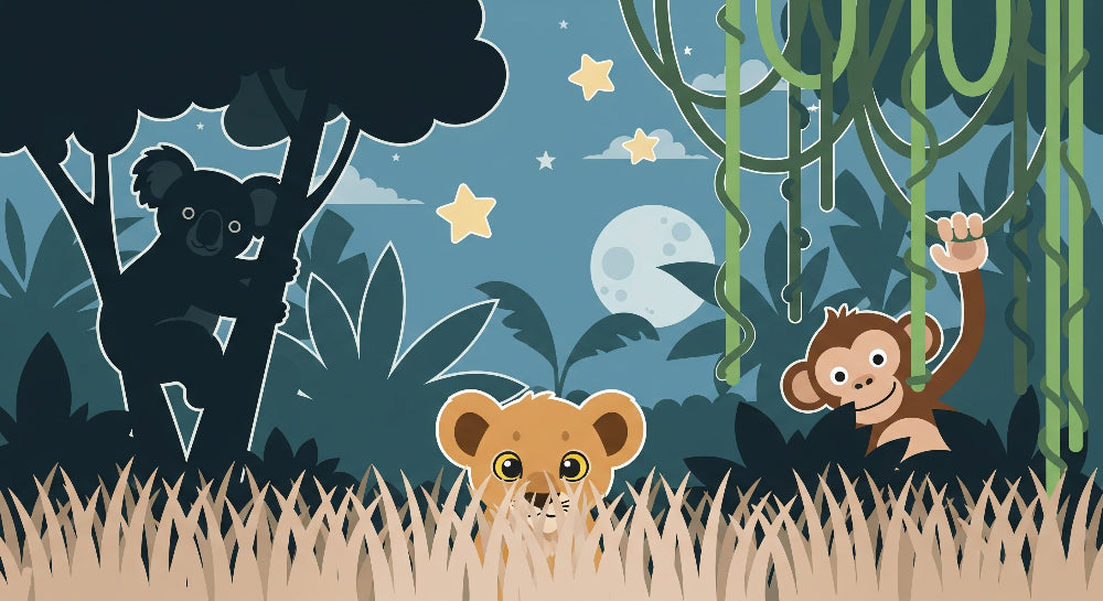 Detailed animal adventure mural wallpaper design pattern with lion, koala and monkey by Kids-Mundo