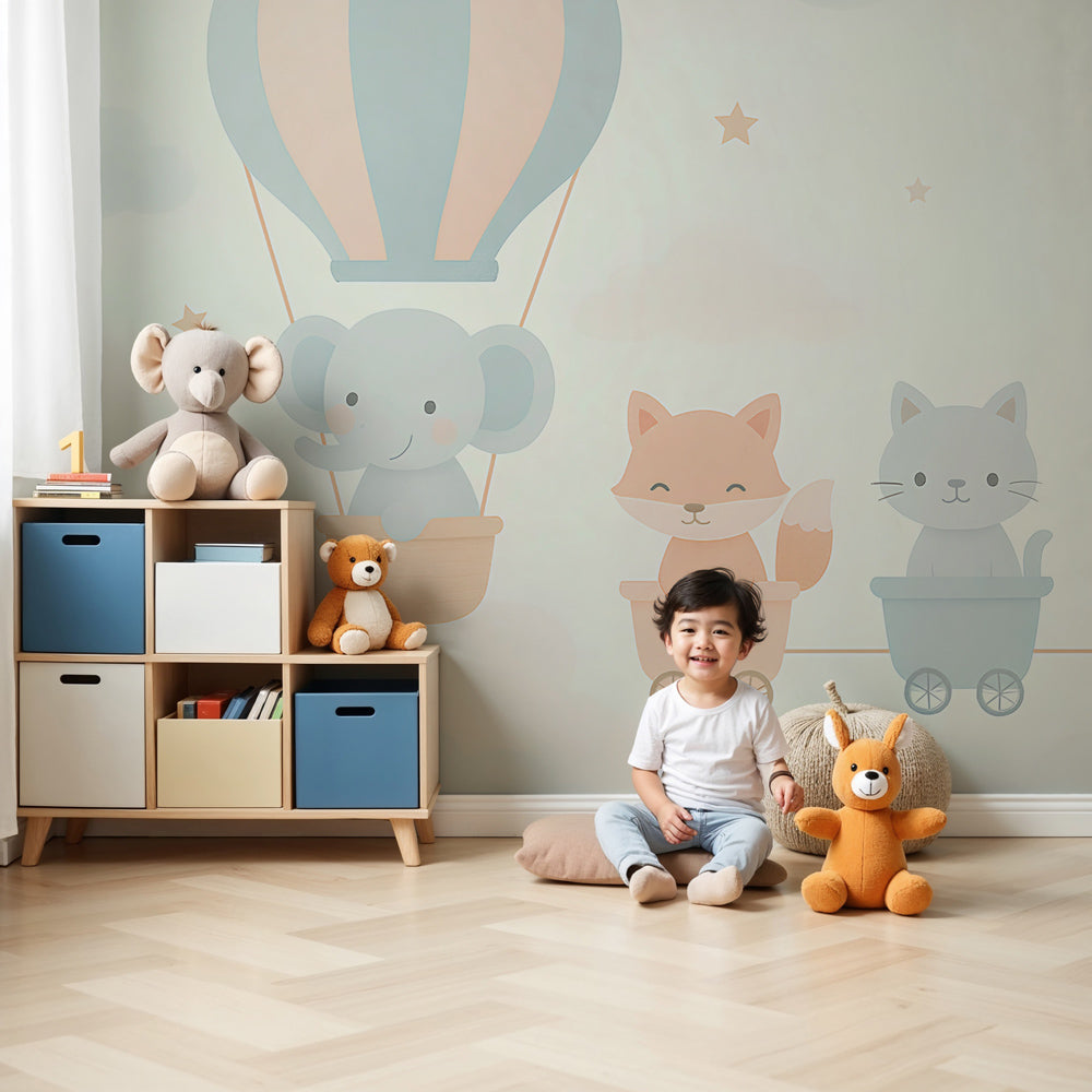 Animal adventure mural wallpaper with hot air balloon in modern nursery by Kids-Mundo