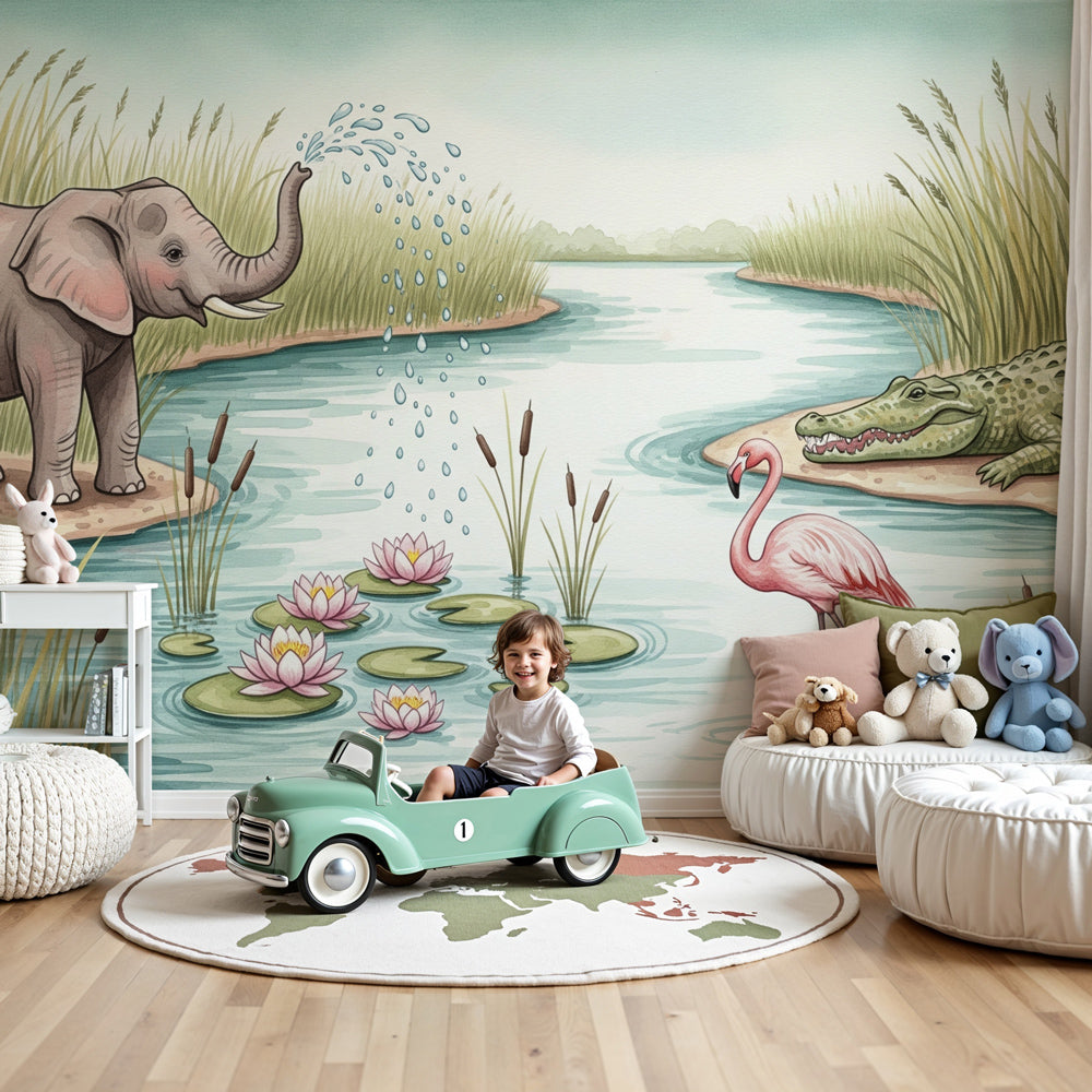 Animal adventure mural wallpaper featuring waterside wildlife in modern nursery by Kids-Mundo