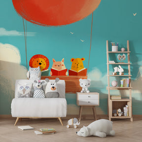 Animal friends hot air balloon mural wallpaper in bright children's playroom