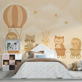 Woodland creatures train mural wallpaper transforming children's playroom space
