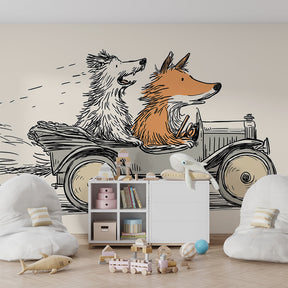 Vintage car animal wallpaper transforming kids playroom with beige tones and whimsical characters