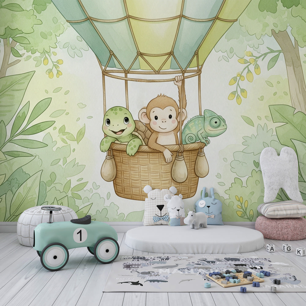 Hot air balloon jungle mural wallpaper transforming kids playroom into adventure wonderland