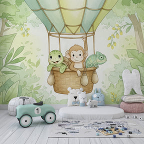 Hot air balloon jungle mural wallpaper transforming kids playroom into adventure wonderland