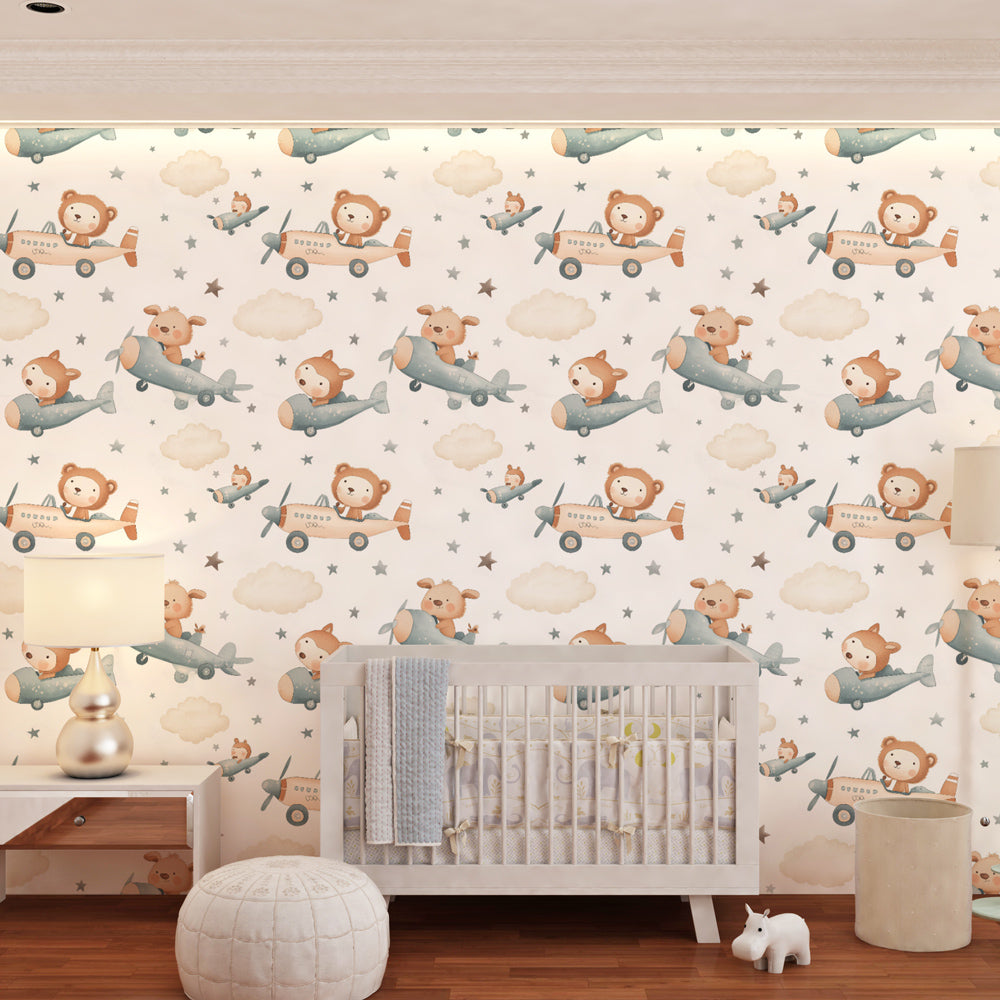 Flying animals wallpaper transforming kids bedroom into aviation adventure theme by Kids-Mundo