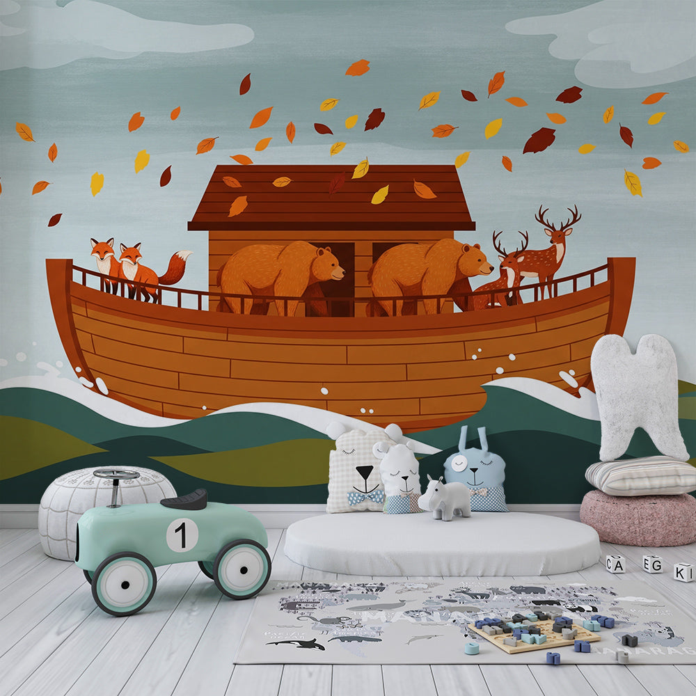 Animal ark wall mural by Kids-Mundo covering a wall behind a single bed in a kids bedroom