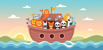 Flat artwork of the Kids-Mundo animal ark boat wall mural showing sunrise and animals on board
