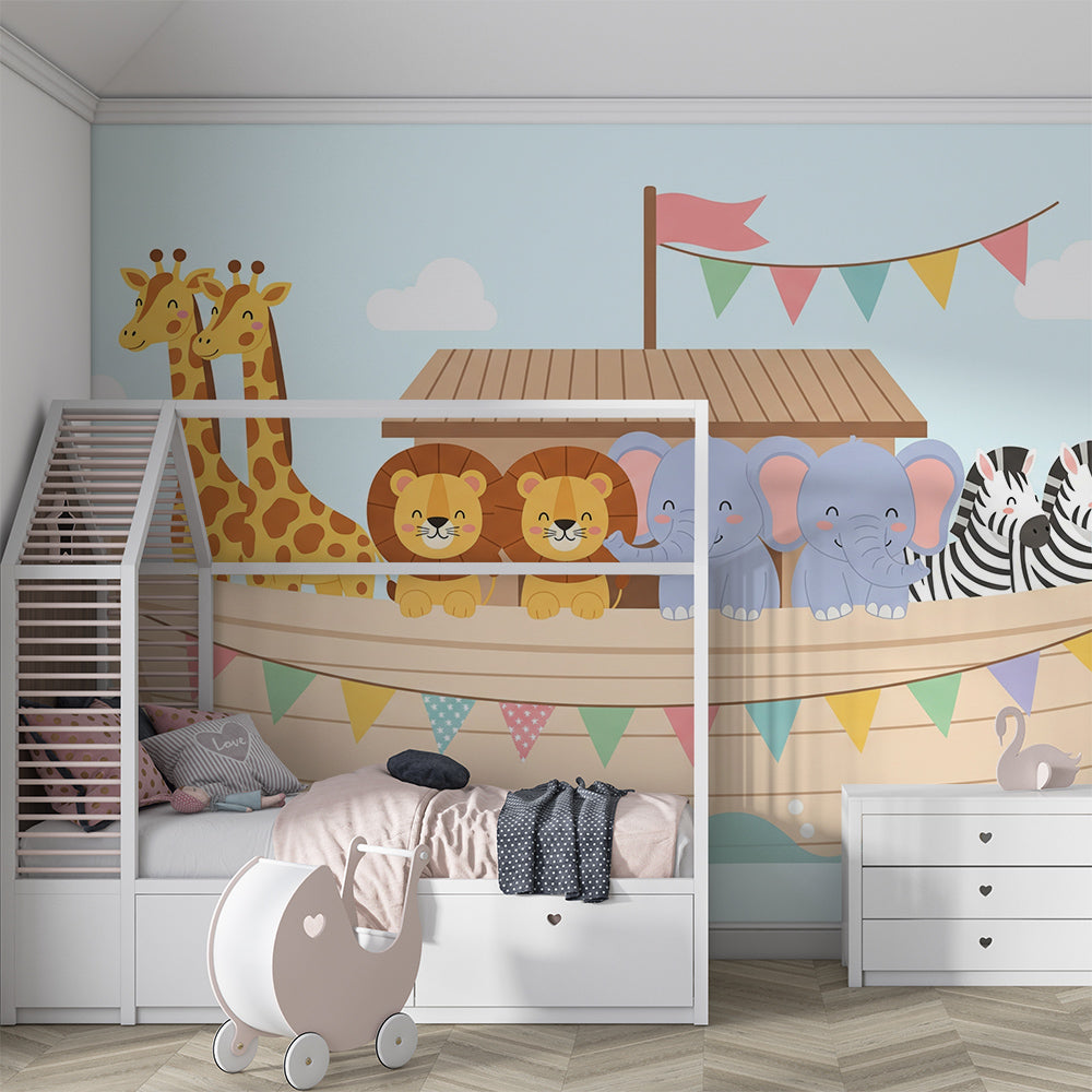 Kids-Mundo animal ark wall mural decorating a colourful children's playroom wall