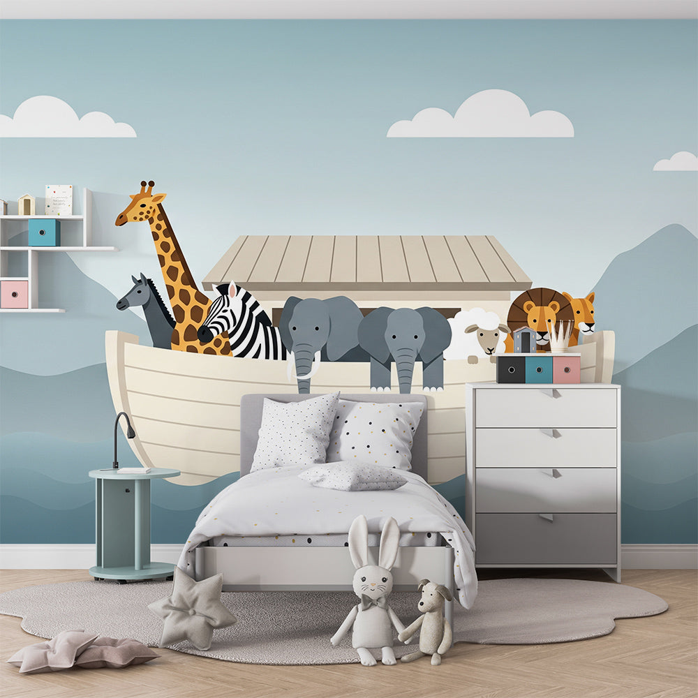 Kids-Mundo animal ark boat wall mural styled on a kids bedroom feature wall