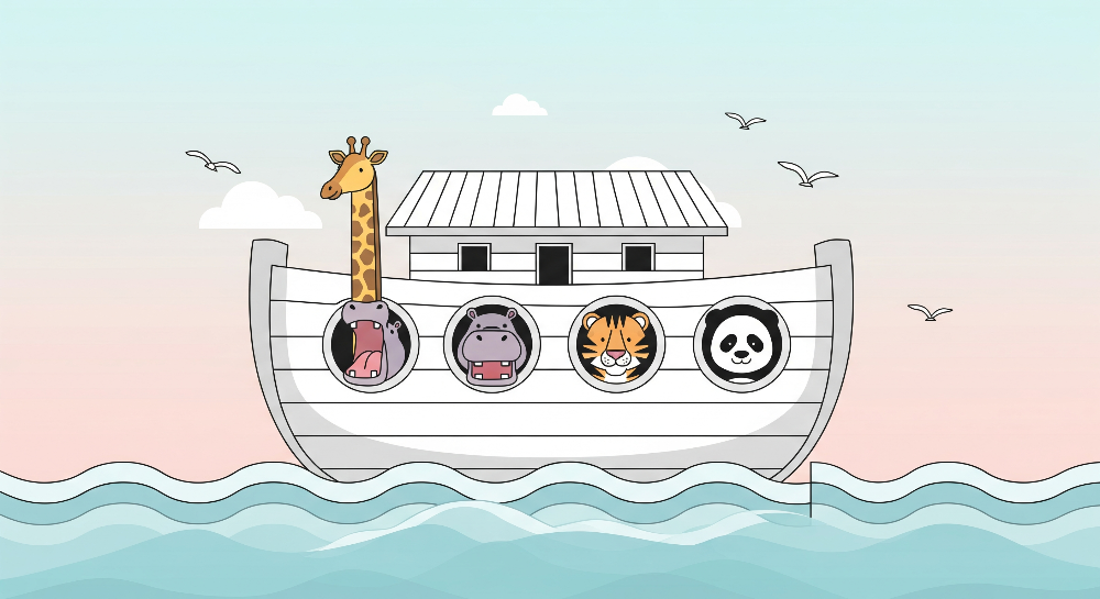 Kids-Mundo flat artwork of the hippo, giraffe, tiger and panda ark wall mural design