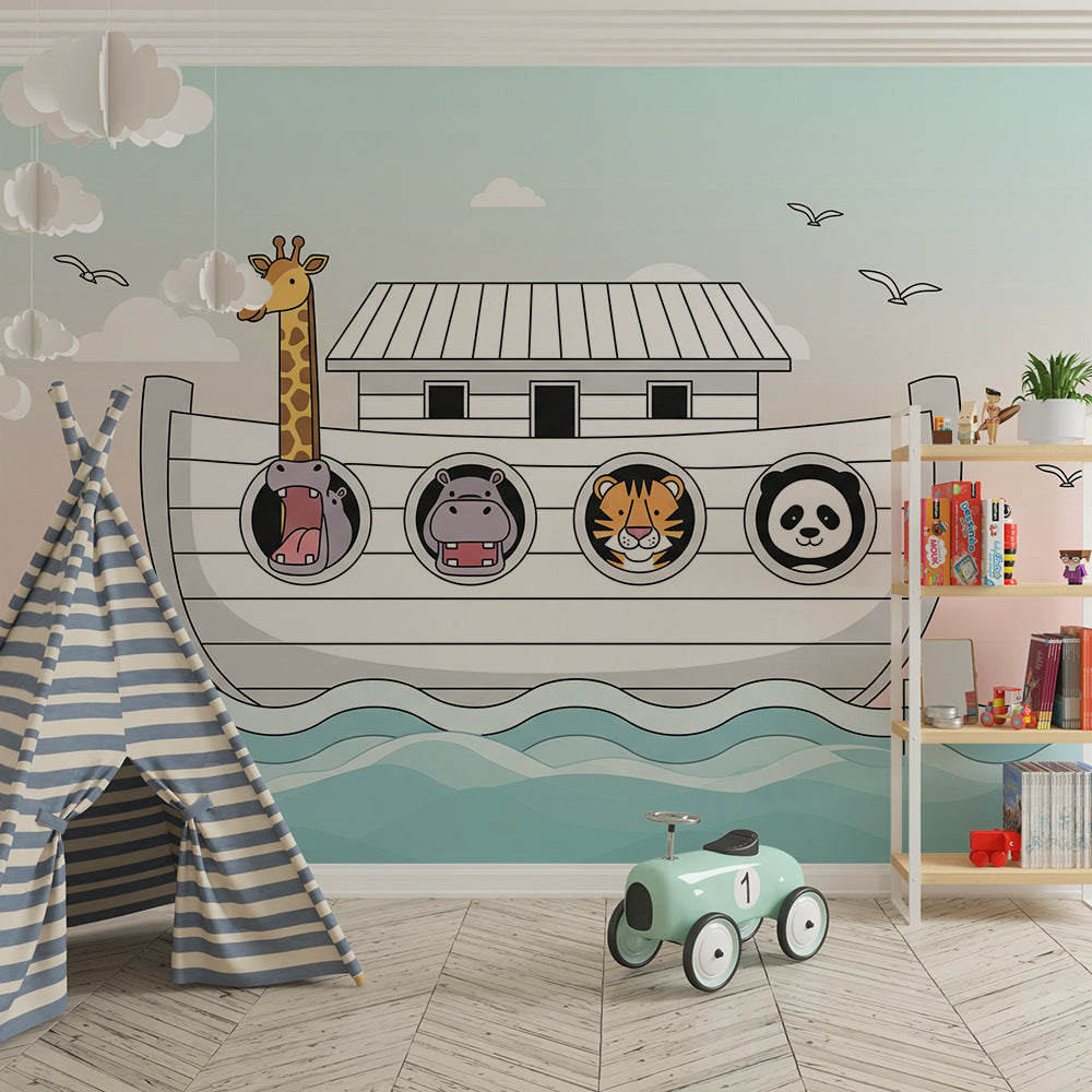 Kids-Mundo pastel ark wall mural with hippo, giraffe, tiger and panda in a playroom