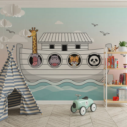 Kids-Mundo pastel ark wall mural with hippo, giraffe, tiger and panda in a playroom