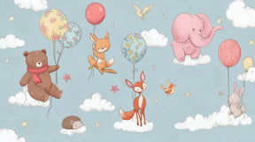 Detailed animal balloon mural wallpaper design pattern showing bear fox rabbit on clouds by Kids-Mundo