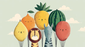 Detailed animal balloon mural wallpaper design pattern with lion, zebra and fruit balloons by Kids-Mundo