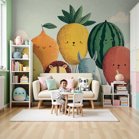 Animal balloon mural wallpaper in modern nursery with lion and zebra characters by Kids-Mundo