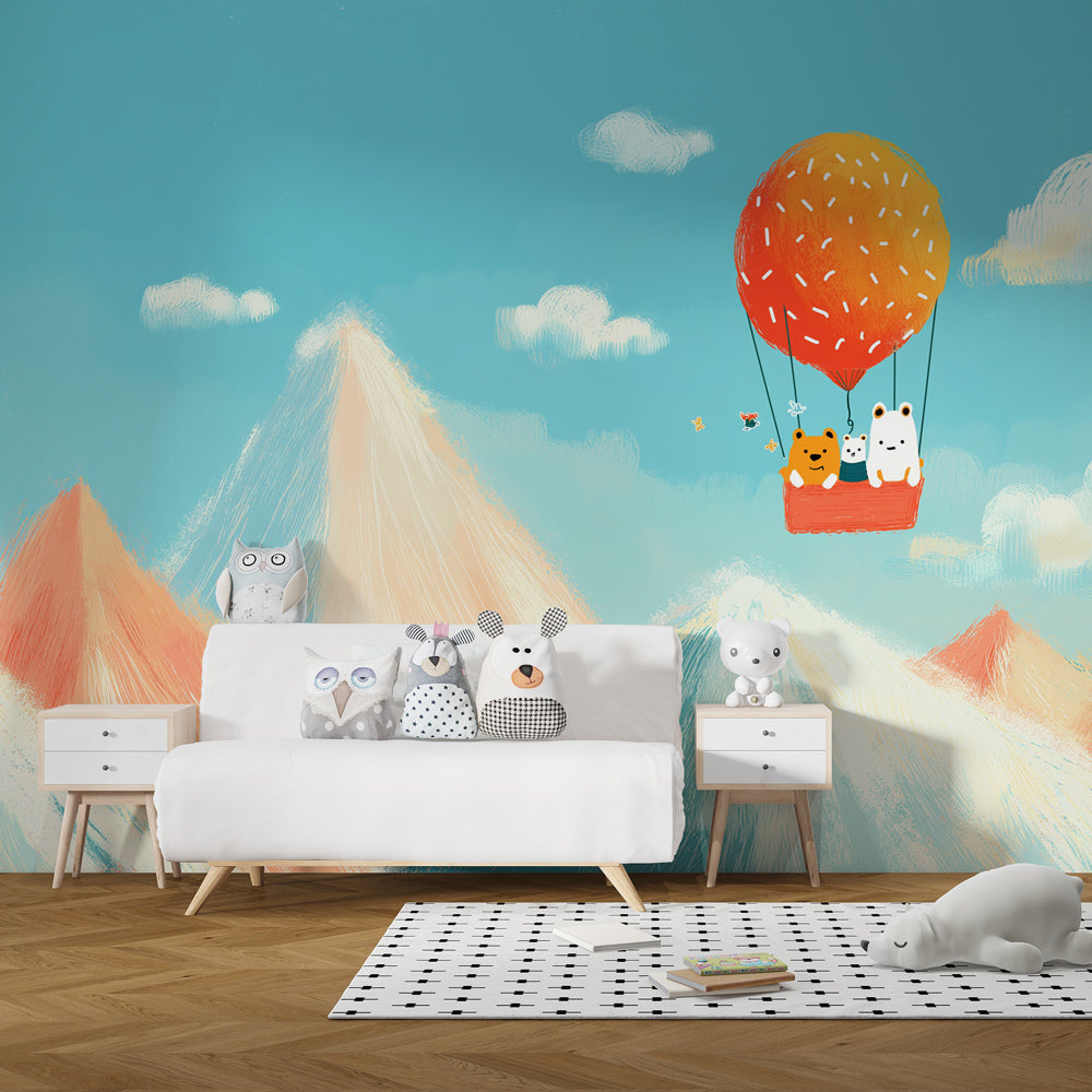 Animal hot air balloon mural wallpaper creating dreamy playroom atmosphere by Kids-Mundo