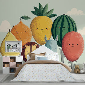 Whimsical animal wallpaper featuring floating fruit balloons in bright children's playroom