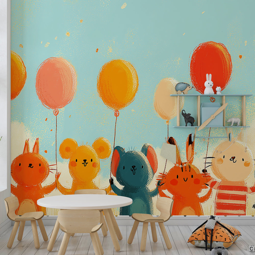 Whimsical animal balloon wallpaper transforming playroom into festive wonderland for children