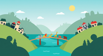 Kids-Mundo flat artwork preview of the animals crossing the bridge wall mural design