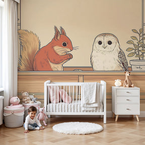 Animal cage mural wallpaper with squirrel and owl in modern nursery room by Kids-Mundo