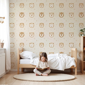 Animal face mural wallpaper with gentle tigers and lions in soft beige nursery by Kids-Mundo