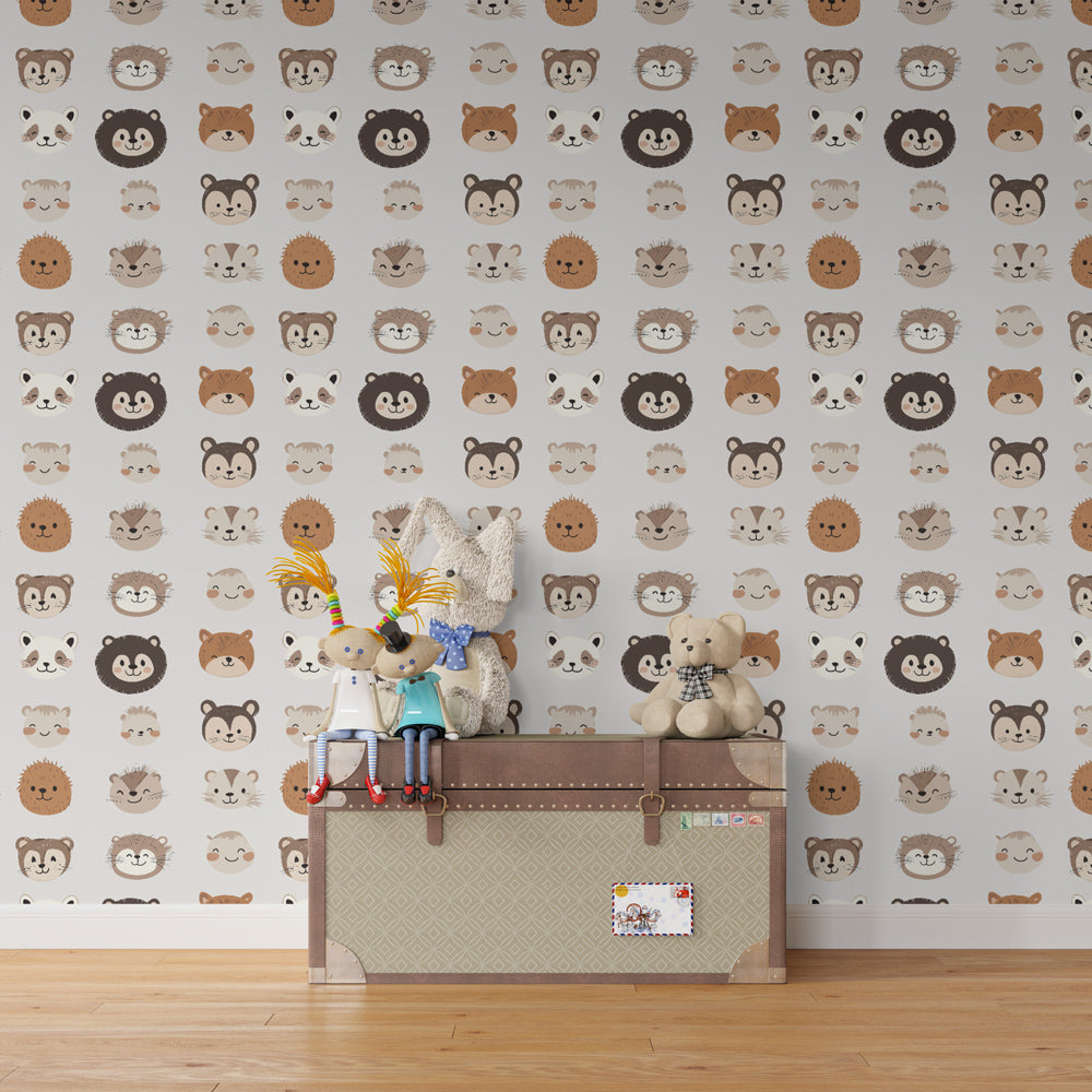 Pastel animal wallpaper in modern kids bedroom with wooden furniture and soft lighting decor