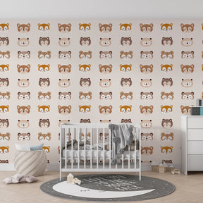 Adorable bear and raccoon faces wallpaper creating warm children's bedroom atmosphere