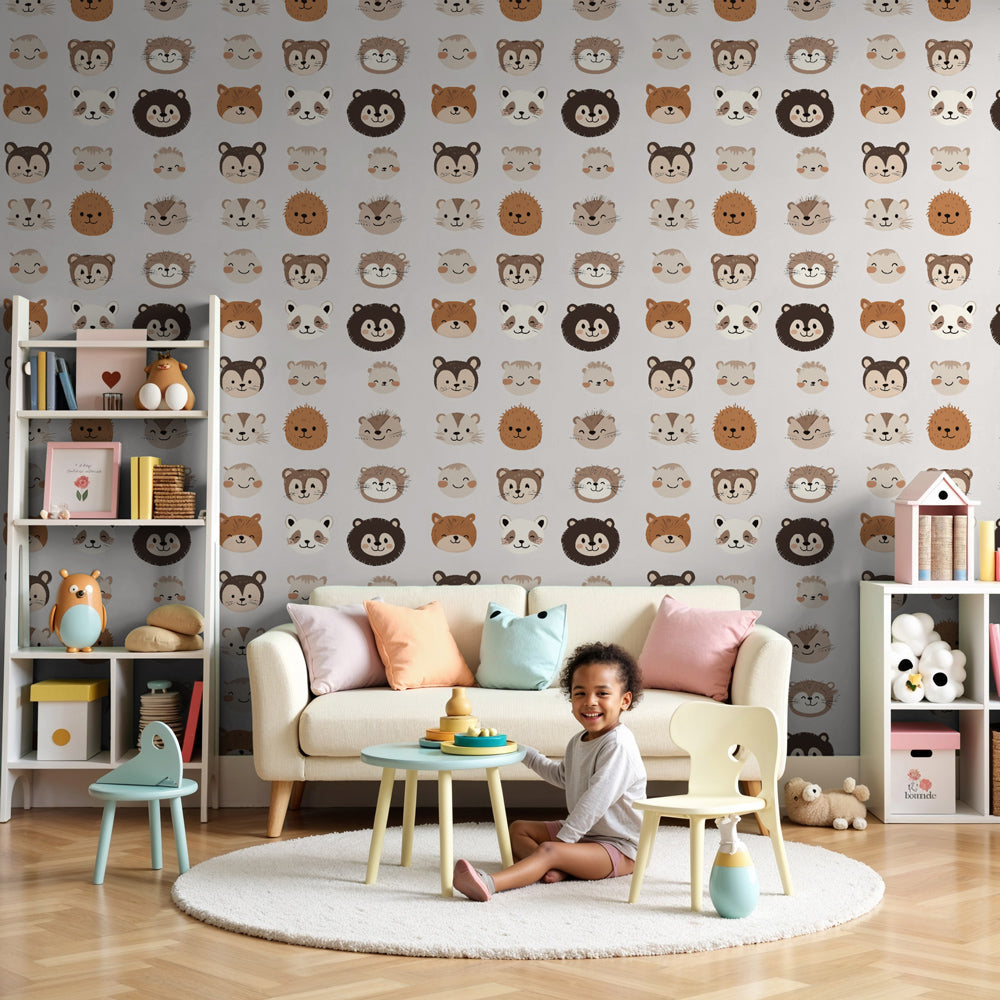 Animal faces mural wallpaper creating cozy nursery atmosphere with pastel safari theme by Kids-Mundo