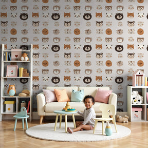 Animal faces mural wallpaper creating cozy nursery atmosphere with pastel safari theme by Kids-Mundo