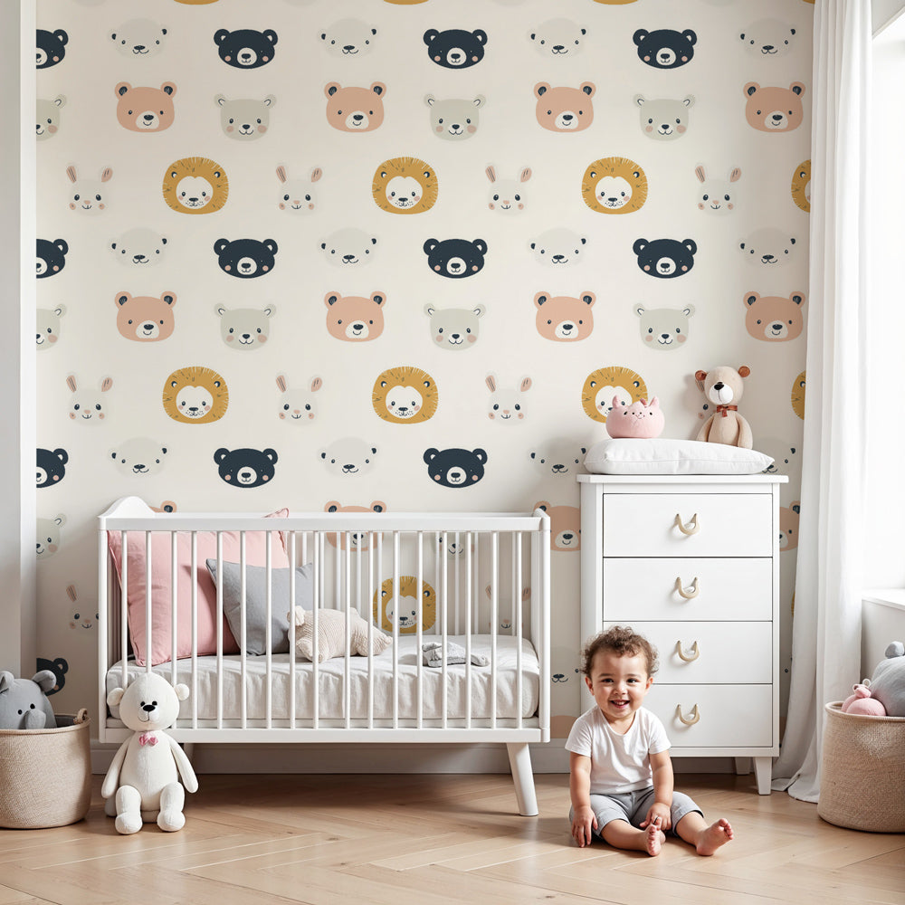 Animal faces mural wallpaper creating cheerful nursery decor with colorful animal heads by Kids-Mundo
