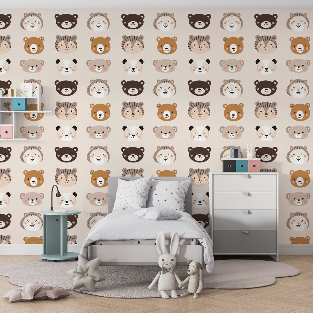 Cute animal cartoon wallpaper transforming kids playroom with gentle characters