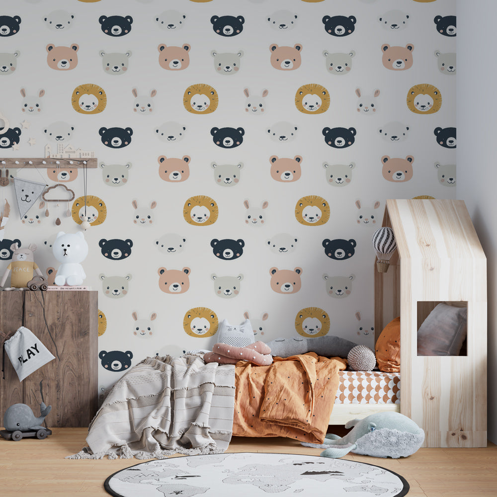 Children's animal faces wallpaper creating playful atmosphere in colorful playroom by Kids-Mundo