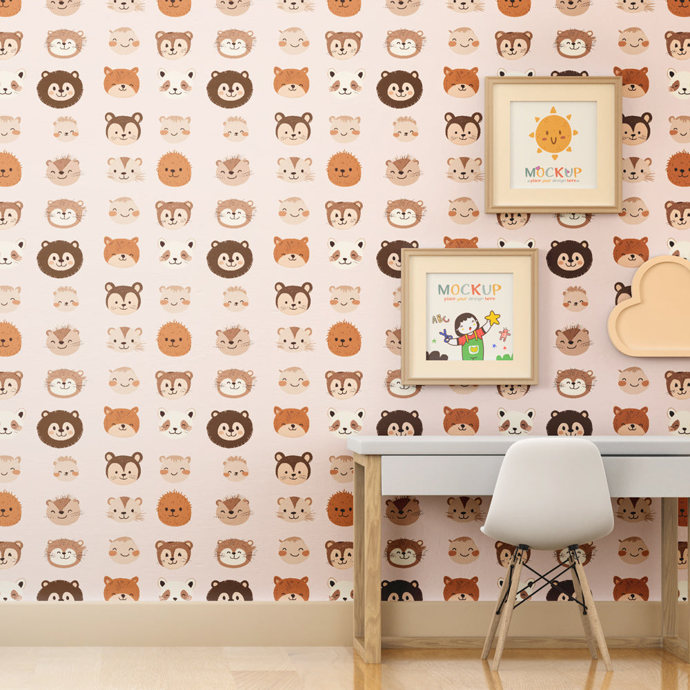 Safari animal faces wallpaper transforming children's playroom into woodland adventure space