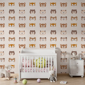 Natural tone animal wallpaper featuring friendly woodland creatures in kids playroom