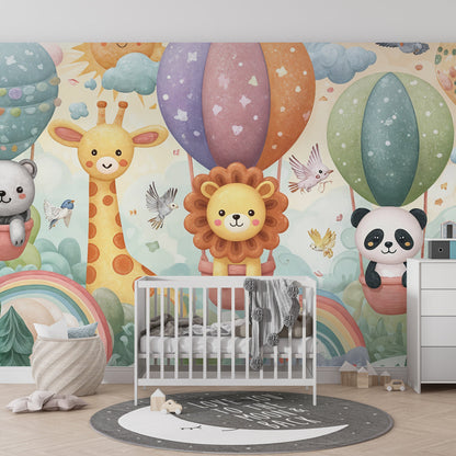 Kids-Mundo animal balloon wall mural behind a bed in a bright, playful kids bedroom