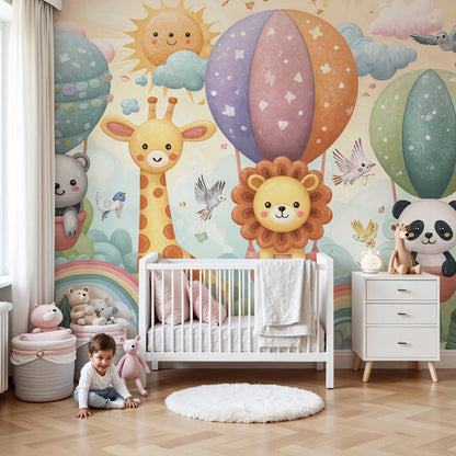 Kids-Mundo animal friends hot air balloon wall mural in a colourful, cheerful nursery
