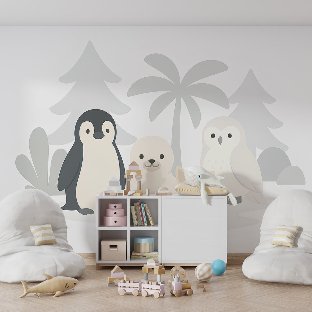 Adorable nature scene wallpaper creating peaceful kids bedroom decor with pastel tones