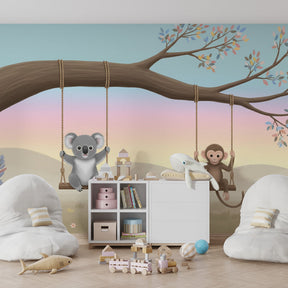 Koala and monkey wallpaper creating playful children's bedroom decor with pastel colors