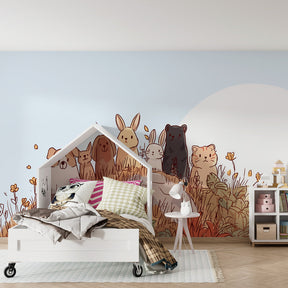 Cute animal nature wallpaper creating cozy kids bedroom atmosphere with soft colors