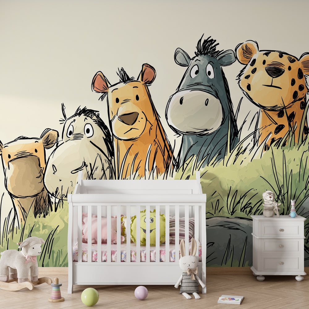 Colorful animal characters wallpaper creating playful atmosphere in children's bedroom decor