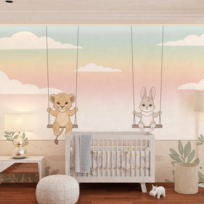Lion cub and bunny swing wallpaper creating serene atmosphere in children's bedroom
