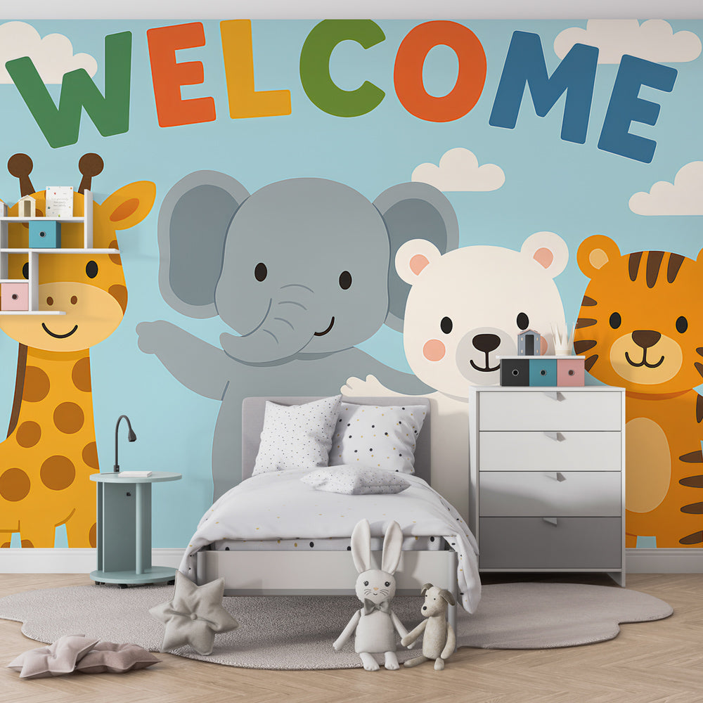 Colorful animal wallpaper creating welcoming atmosphere in kids bedroom interior