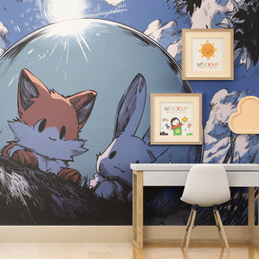 Fox and rabbit adventure mural wallpaper creating dreamy children's bedroom atmosphere