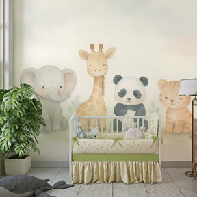 Gentle safari animal wallpaper creating peaceful kids bedroom atmosphere with elephant and giraffe